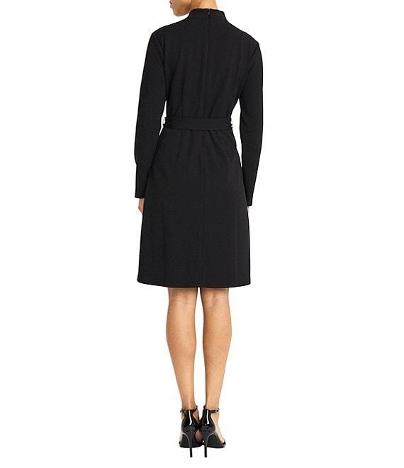 Maggy London Color Block Scuba Crepe Mock Beck Long Sleeve Self-Tie Belt A-Line Midi Dress Product Image