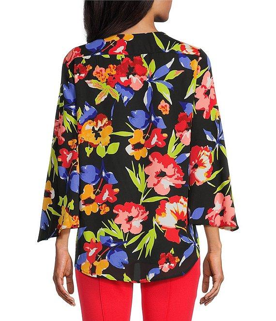 Slim Factor by Investments Spring Bloom Print 3/4 Flare Sleeve Scoop Neck Crossover Top Product Image