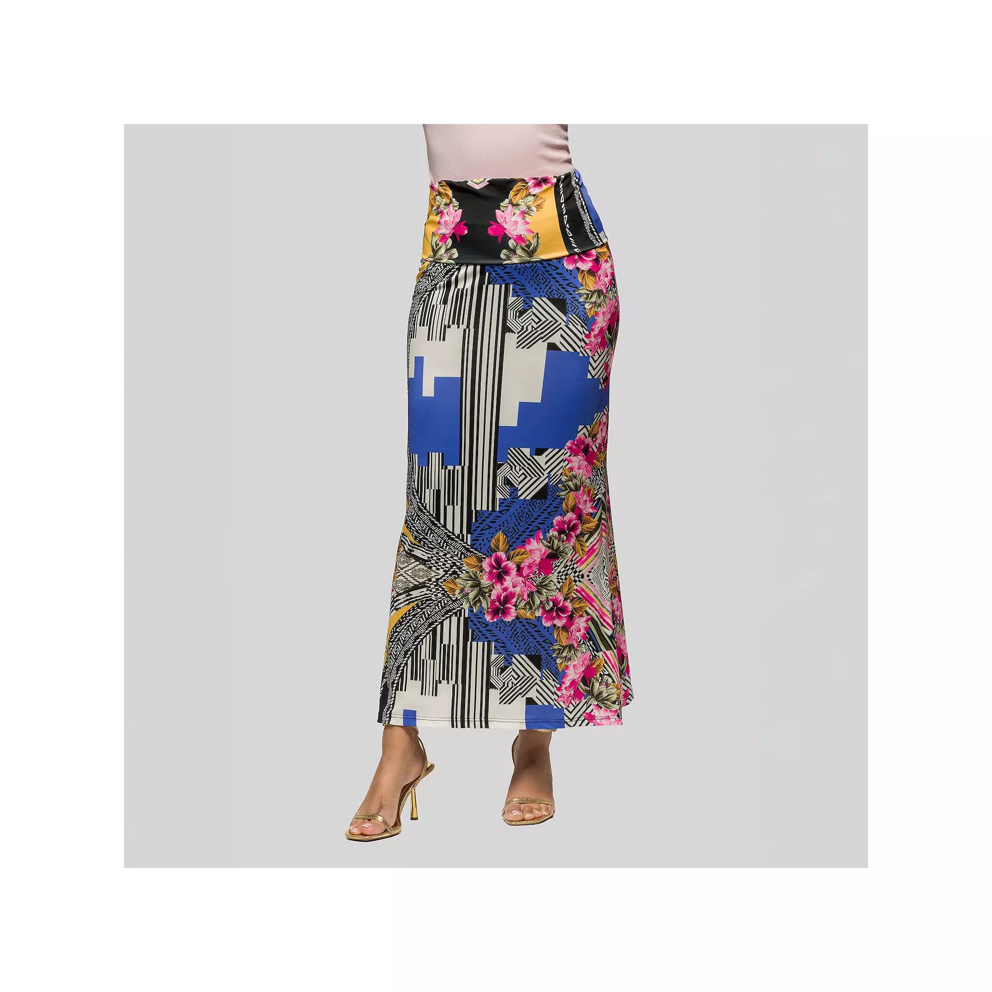 Women's 24Seven Comfort Apparel Floral Print Foldover Waist Maxi Skirt, Size: Large, Blue Team Product Image
