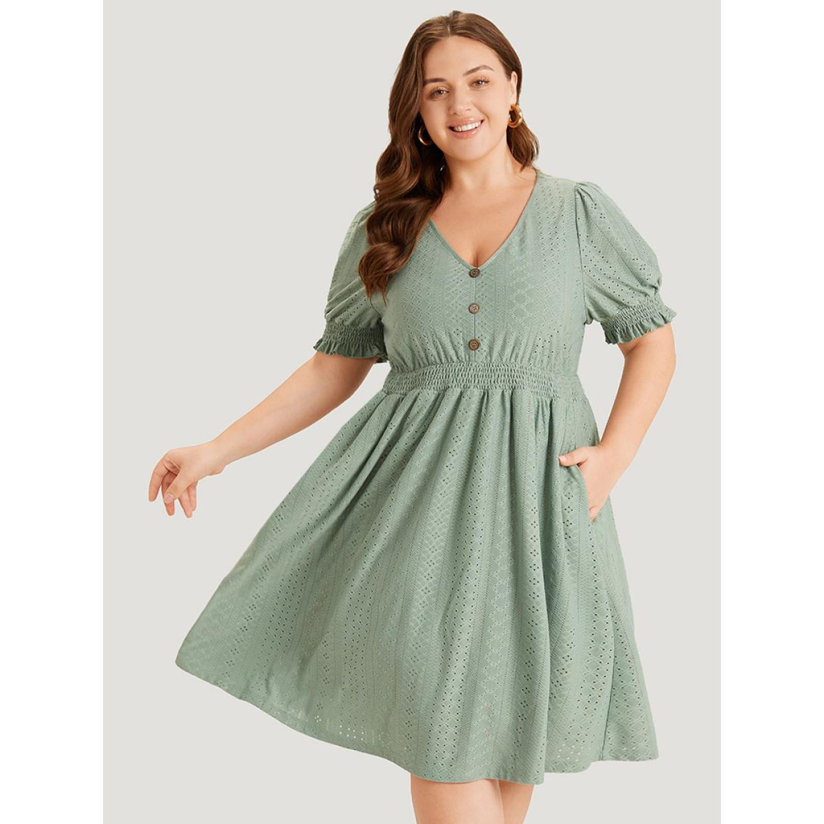 Plus Size Geometric Eyelet Pocket Button Detail Shirred Dress Sage Women Office Elastic cuffs V-neck Short sleeve Curvy Midi Dress BloomChic 14-16/1X Product Image
