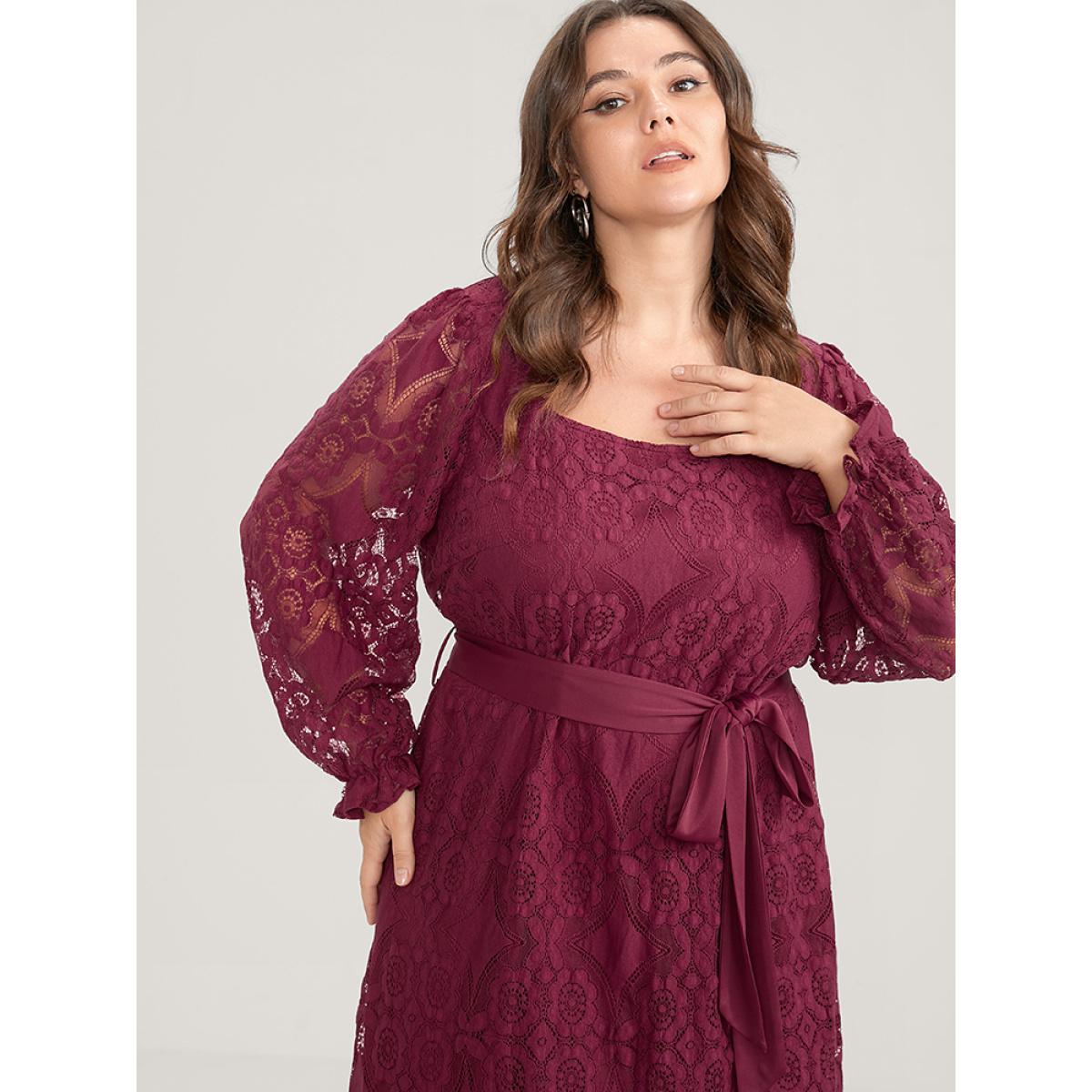 Plus Size Solid Square Neck Lantern Sleeve Belted Lace Dress Scarlet Women Glamour Belted Square Neck Long Sleeve Curvy Midi Dress BloomChic 26/4X Product Image