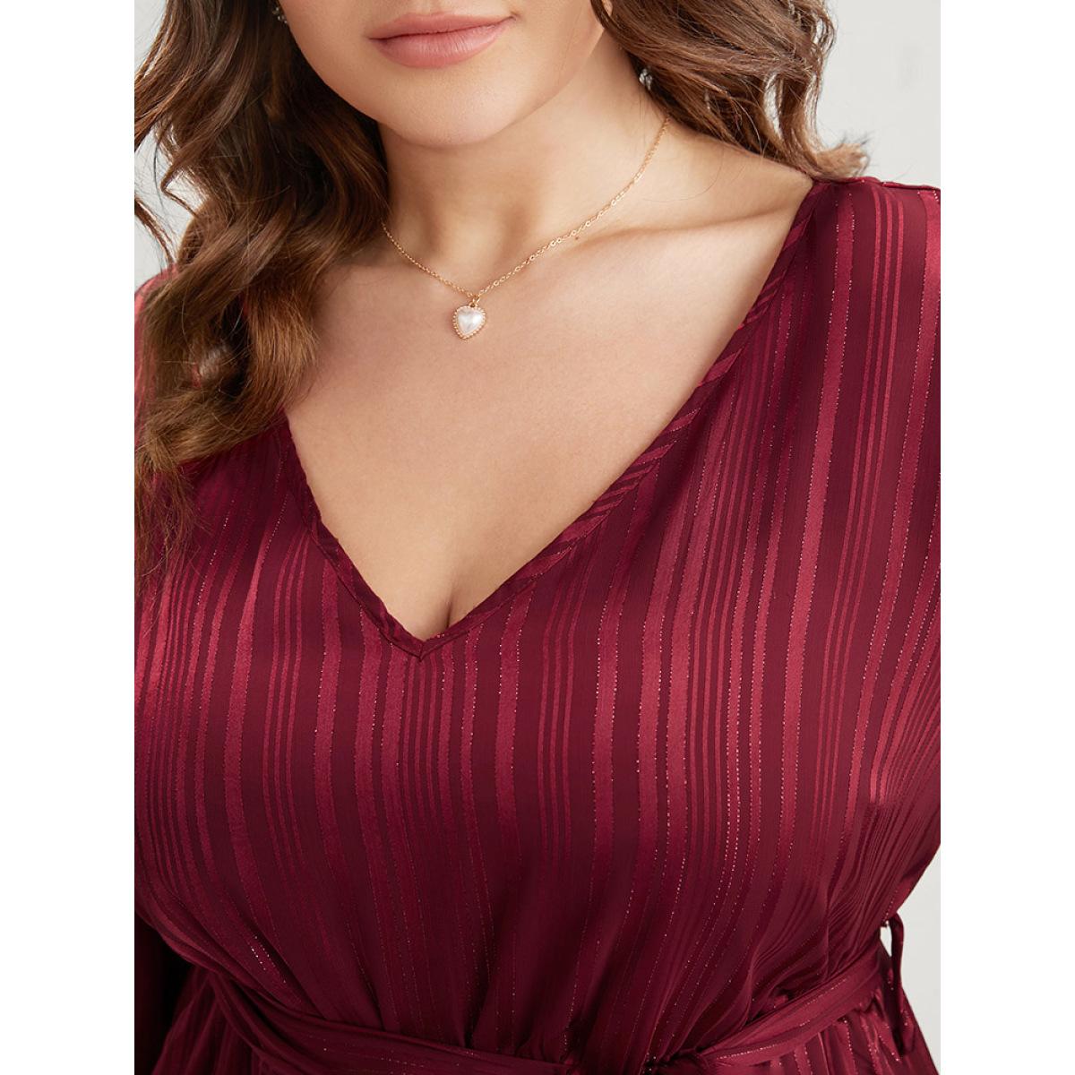 Plus Size Solid Pocket Lantern Sleeve Belted Sequin Dress Burgundy Women Party Pocket V-neck Long Sleeve Curvy Long Dress BloomChic 22-24/3X Product Image