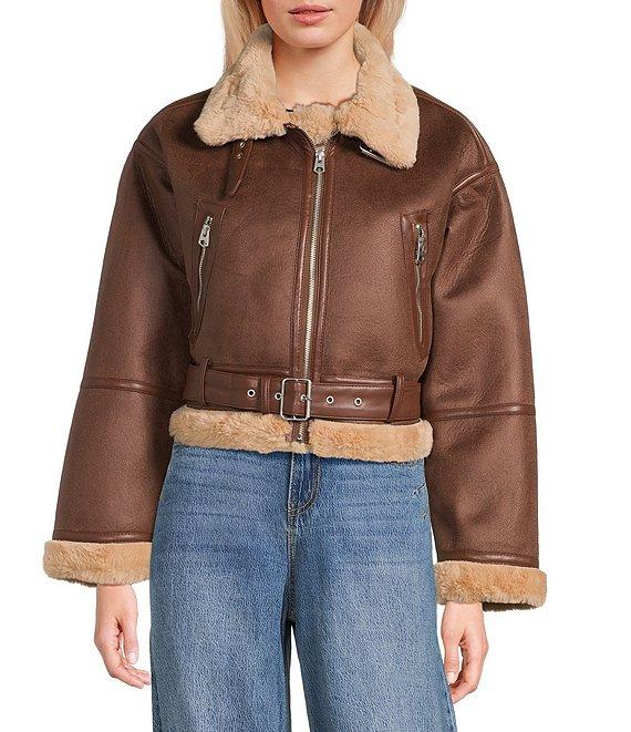 GB Faux Fur Belted Faux Suede Jacket Product Image