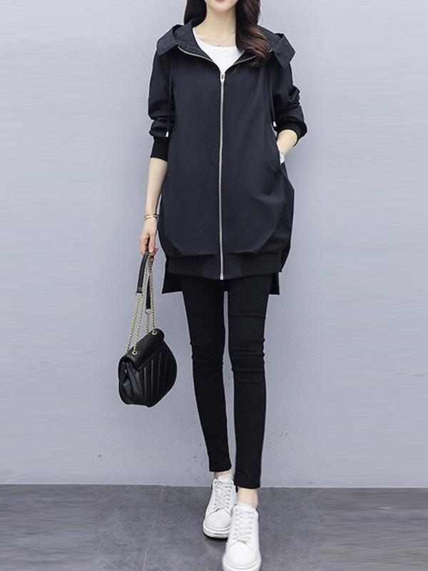 Casual Loose 4 Colors Pleated Zipper Hooded Long Sleeves Outwear Product Image