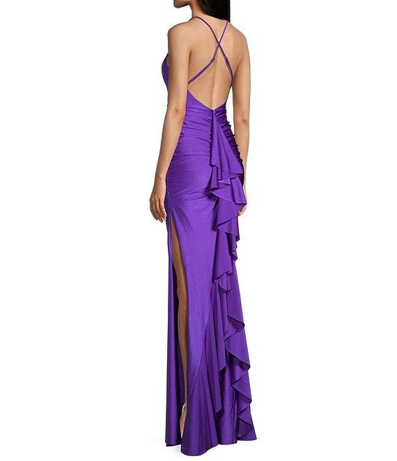 Honey and Rosie Shirred Cross Strap Back Ruffle Back Long Dress Product Image