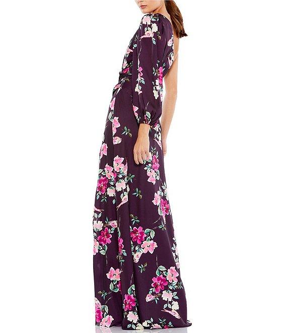 Mac Duggal Floral One Shoulder One Long Sleeve High Front Slit Gown Product Image