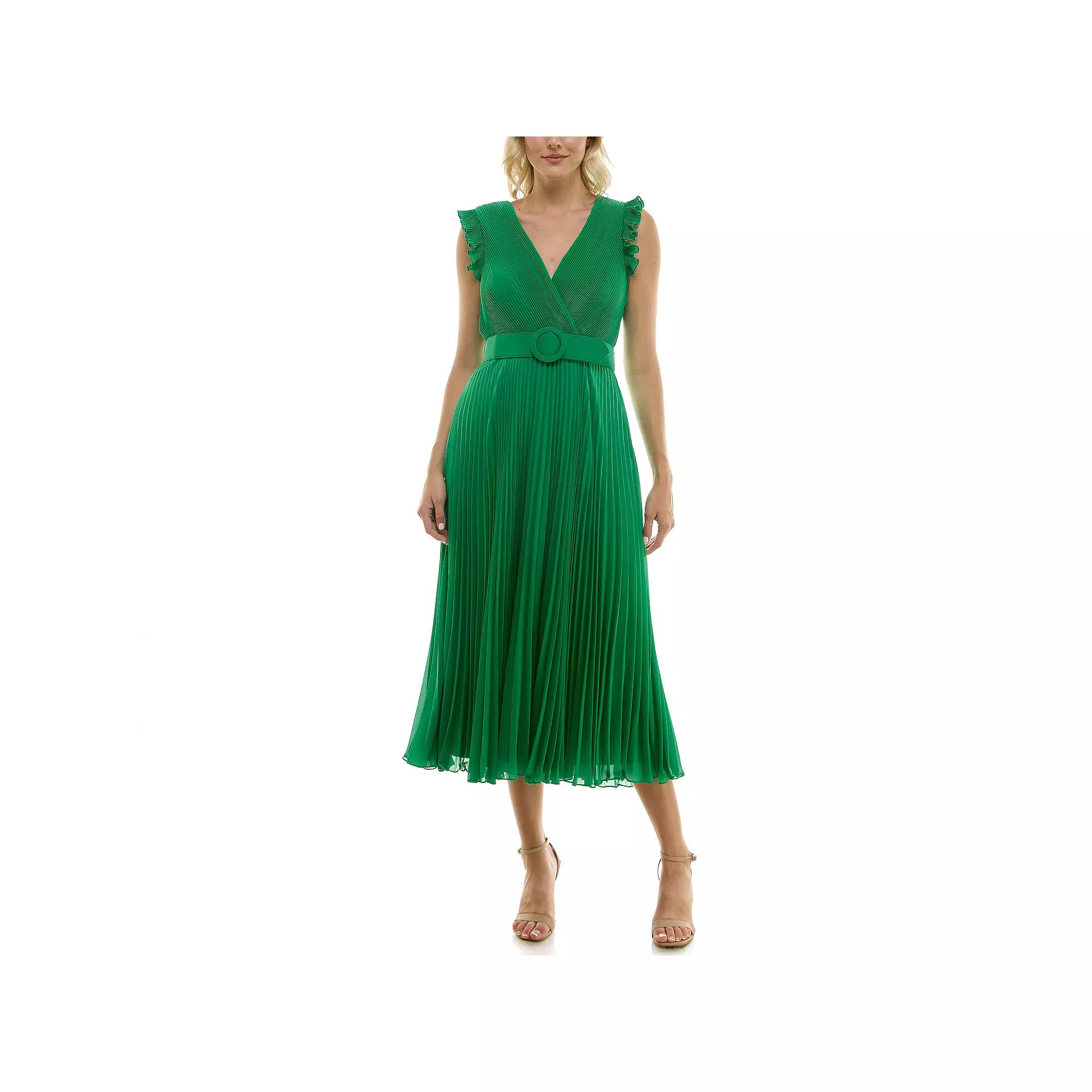 Women's Taylor Belted Pleated Chiffon Midi Dress, Size: 14, Seagreen Product Image