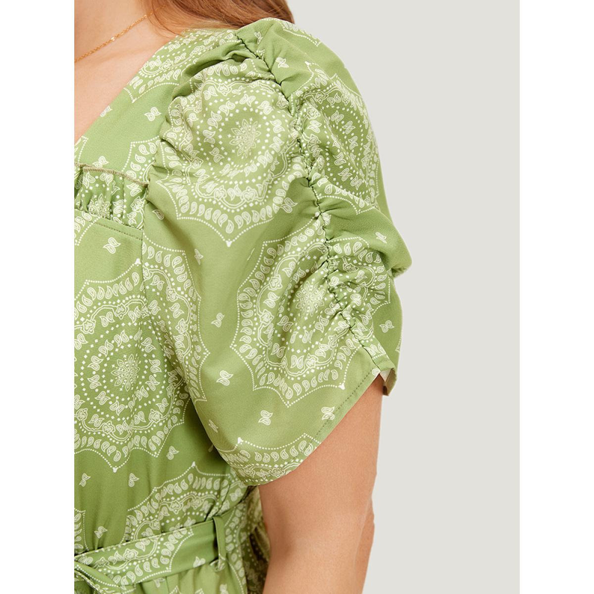 Plus Size Bandana Print Ruched Sleeve Frill Trim Pocket Belt Dress LightGreen Women Vacation Ruched Square Neck Short sleeve Curvy Midi Dress BloomChic 10/M Product Image