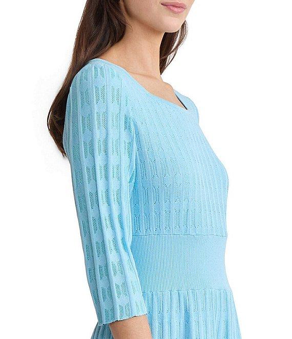 Ming Wang Pointelle Tonal Knit Square Neck 3/4 Sleeve Fit-And-Flare Midi Dress Product Image