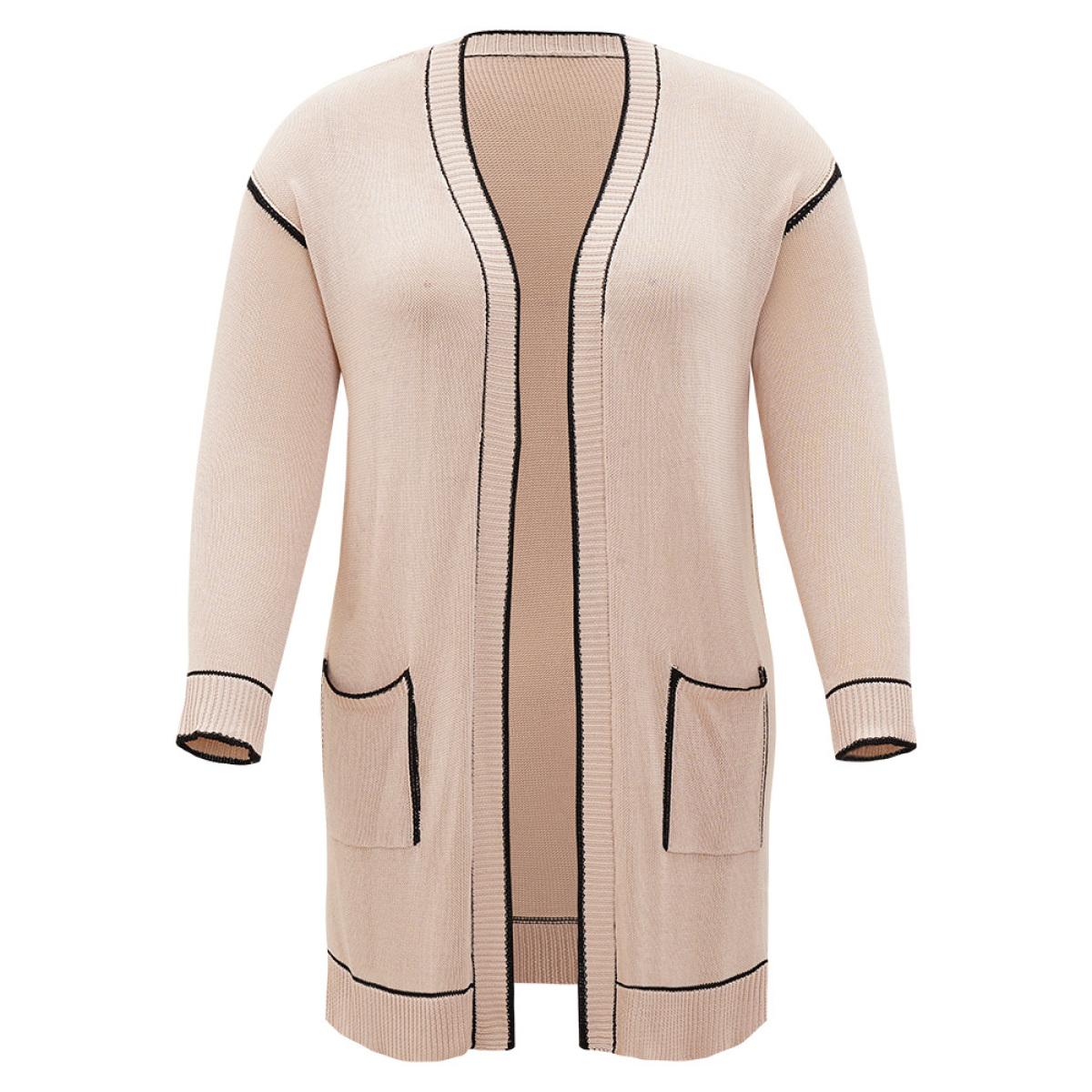 Plus Size Contrast Trim Patched Pocket Drop Shoulder Cardigan Champagne Women Casual Loose Long Sleeve Everyday Cardigans BloomChic 28/5X Product Image