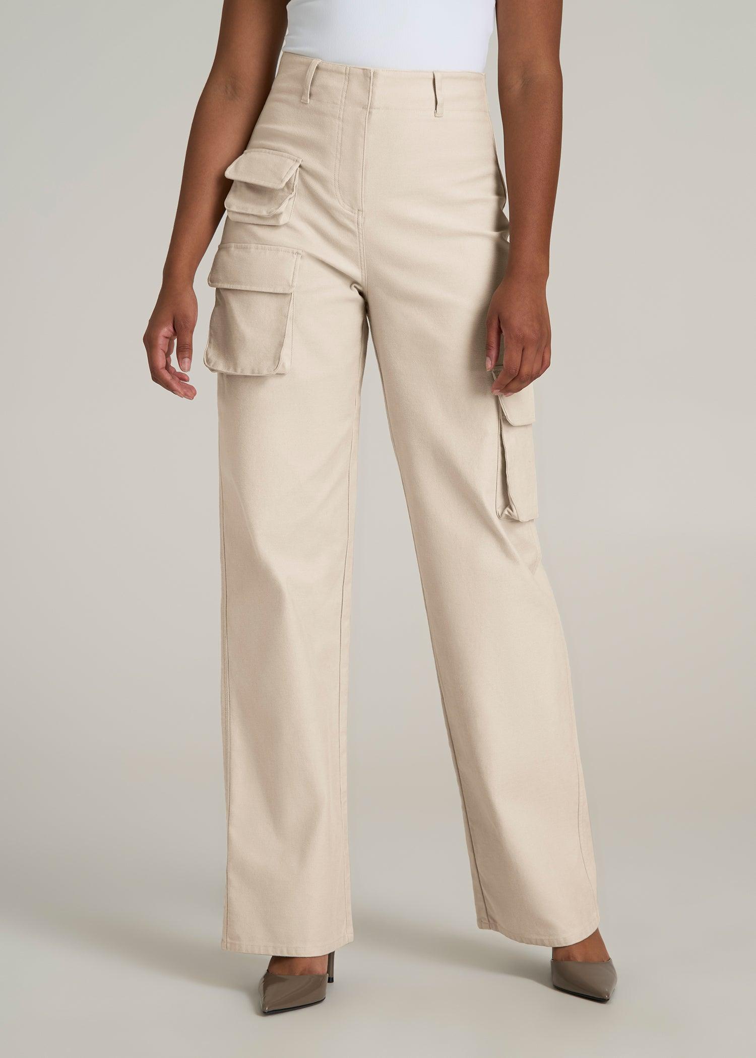 High-Waist Flat Front Cargo Pants for Tall Women in Stone Female Product Image