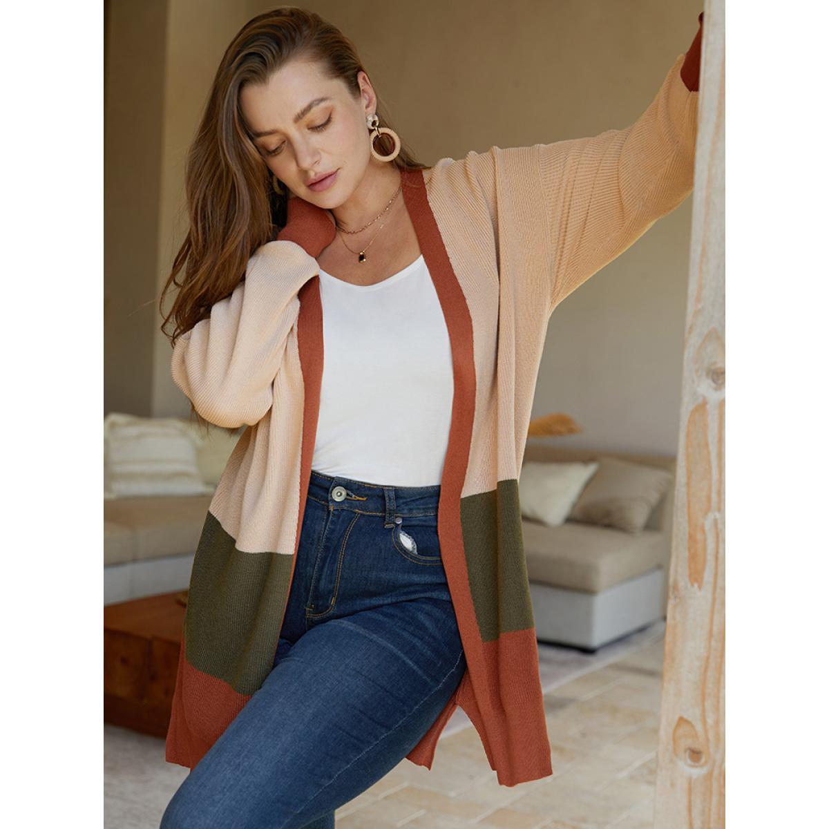Plus Size Colorblock Contrast Split Side Cardigan Multicolor Women Casual Loose Long Sleeve Dailywear Cardigans BloomChic 14-16/1X Product Image
