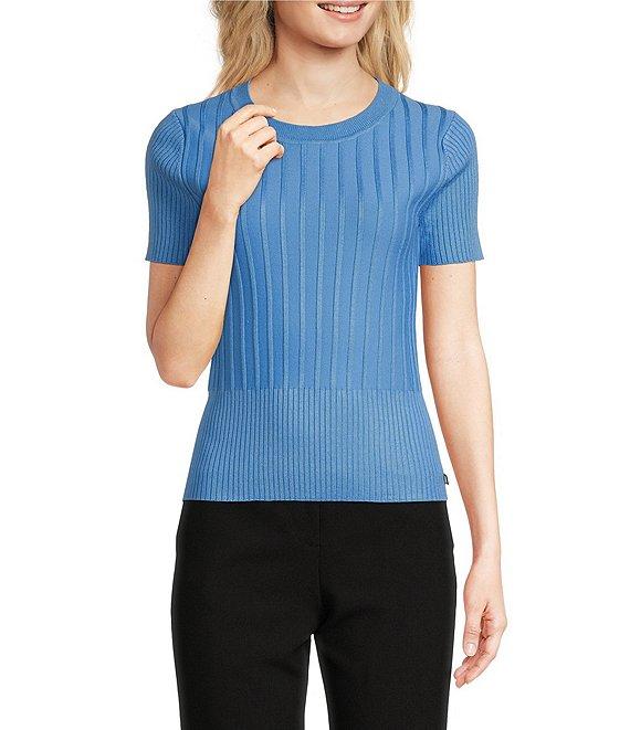 KARL LAGERFELD PARIS Knit Crew Neck Short Sleeve Ribbed Sweater Product Image
