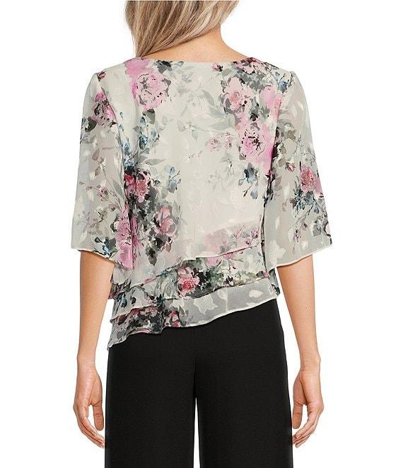 Alex Evenings Petite Size 3/4 Bell Sleeve Crew Neck Triple Tier Asymmetrical Hem Floral Chiffon Blouse Product Image