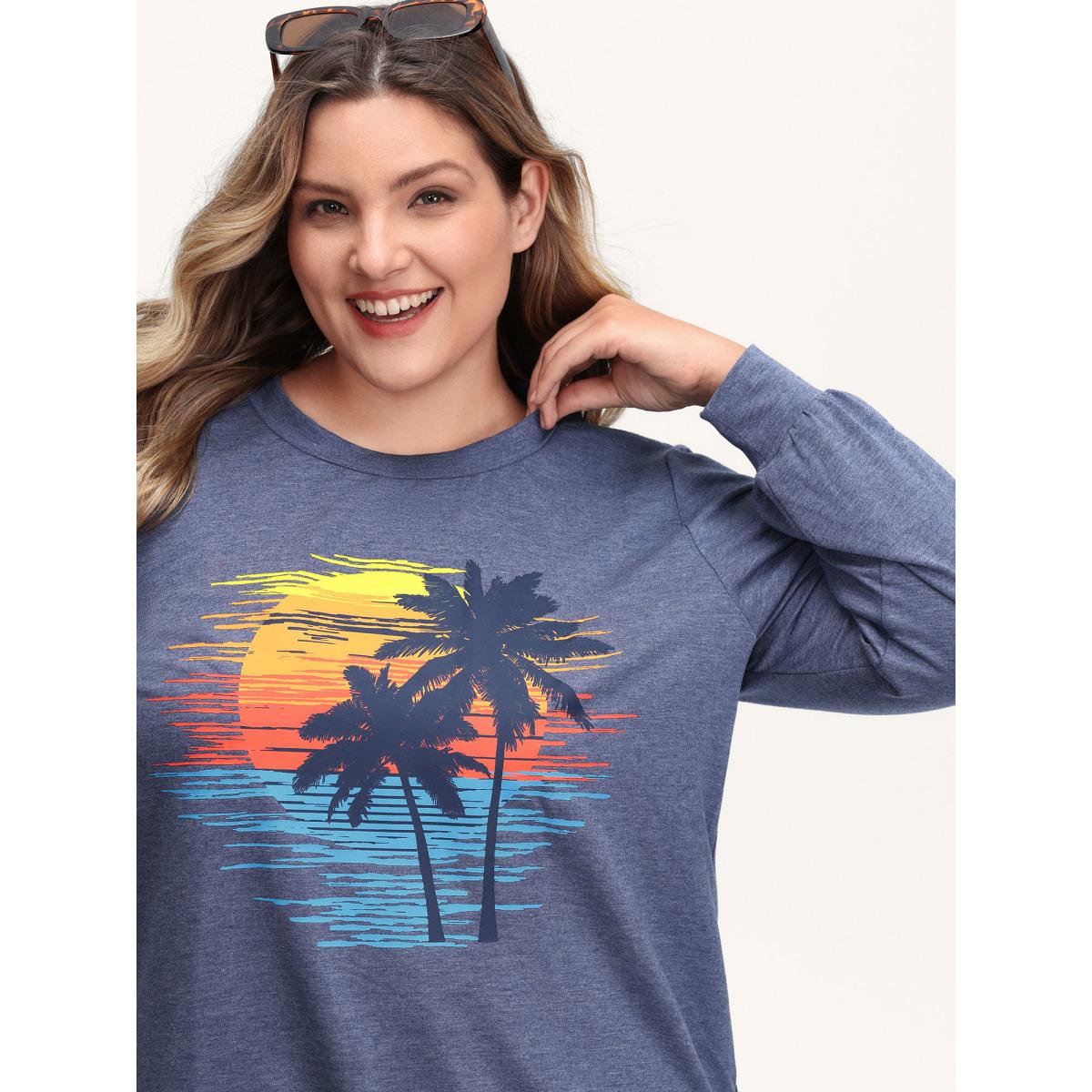Plus Size Heather Island Pattern Sweatshirt Women Navy Leisure Round Neck Casual Sweatshirts BloomChic 28/5X Product Image
