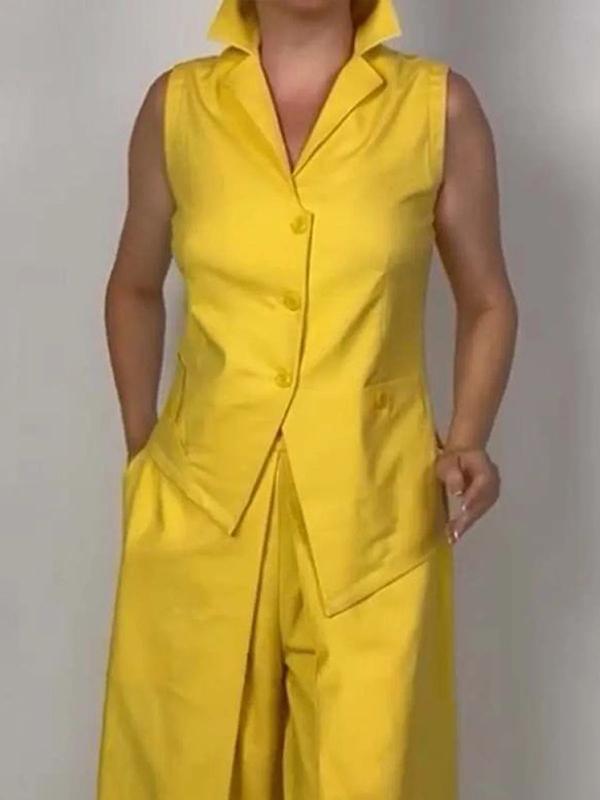 Sleeveless Solid Color Split-Joint Lapel Vest Top Product Image