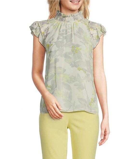 Calvin Klein Printed Chiffon Mock Neck Ruffle Detail Top Product Image