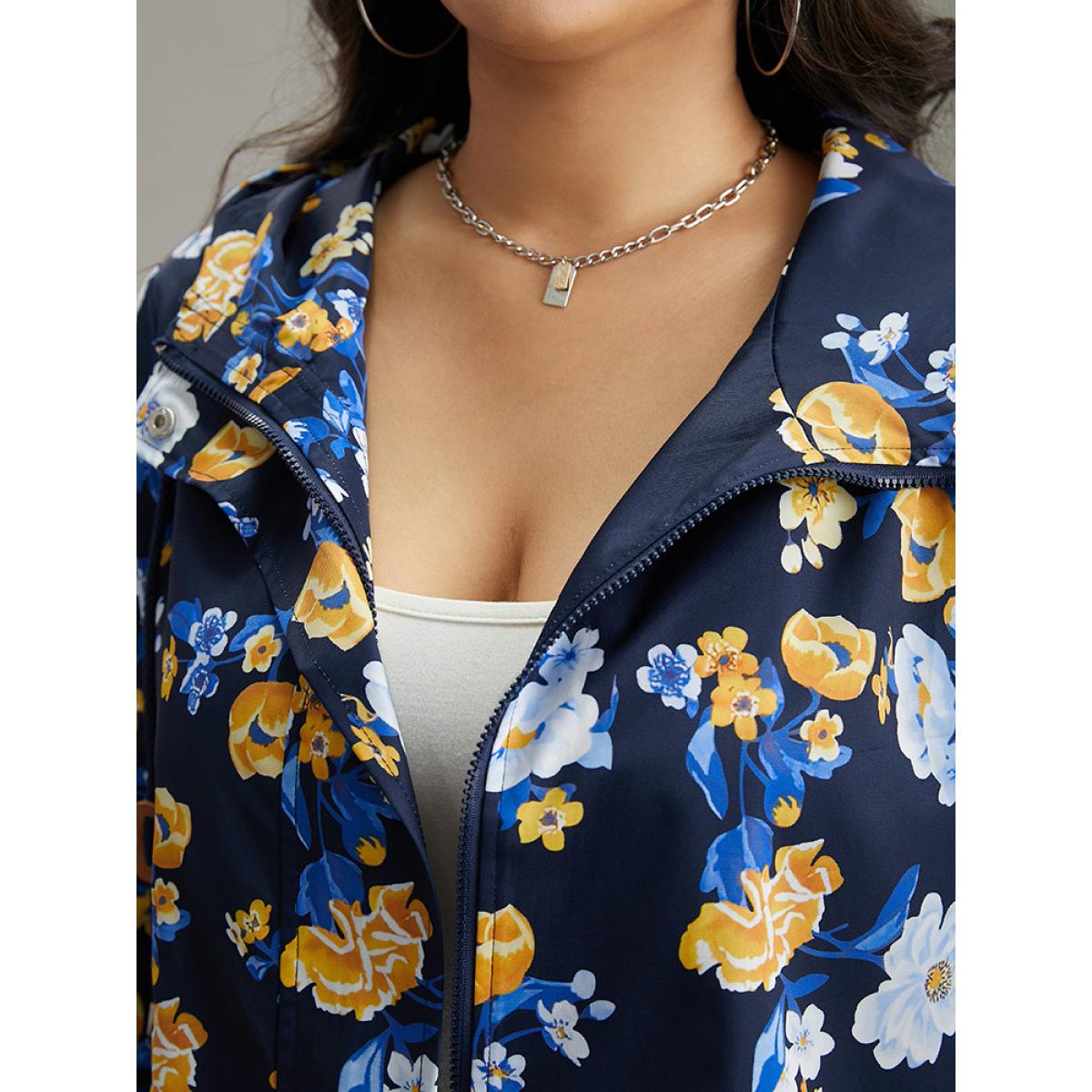 Plus Size Boho Print Drawstring Hooded Zipper Jacket Women Indigo Printed Pocket Dailywear Jackets BloomChic 22-24/3X Product Image