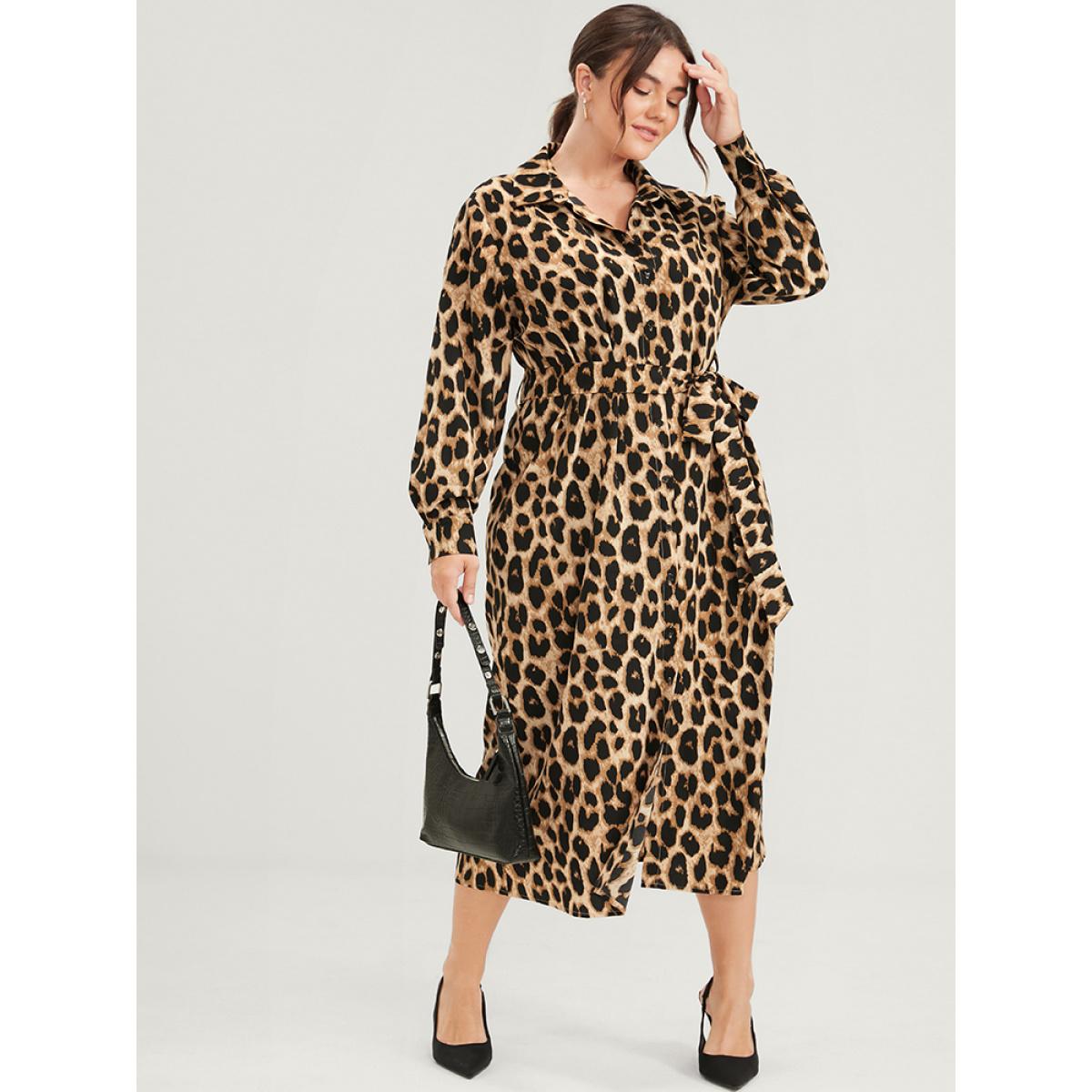 Plus Size Leopard Pocket Button Belted Shirt Collar Midi Dress Leopard Women Office Belted Shirt collar Long Sleeve Curvy Midi Dress BloomChic 26/4X Product Image