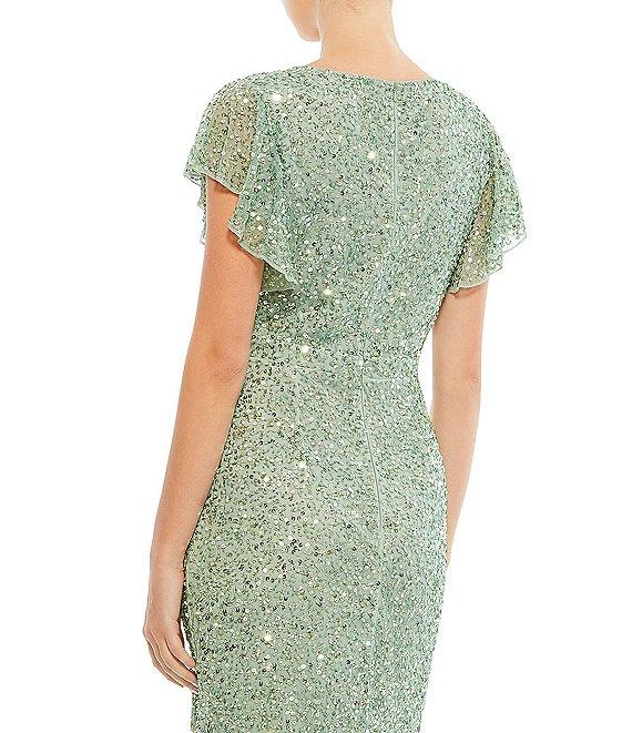 Mac Duggal Sequin V-Neck Flutter Short Sleeve Sheath Mermaid Midi Dress Product Image