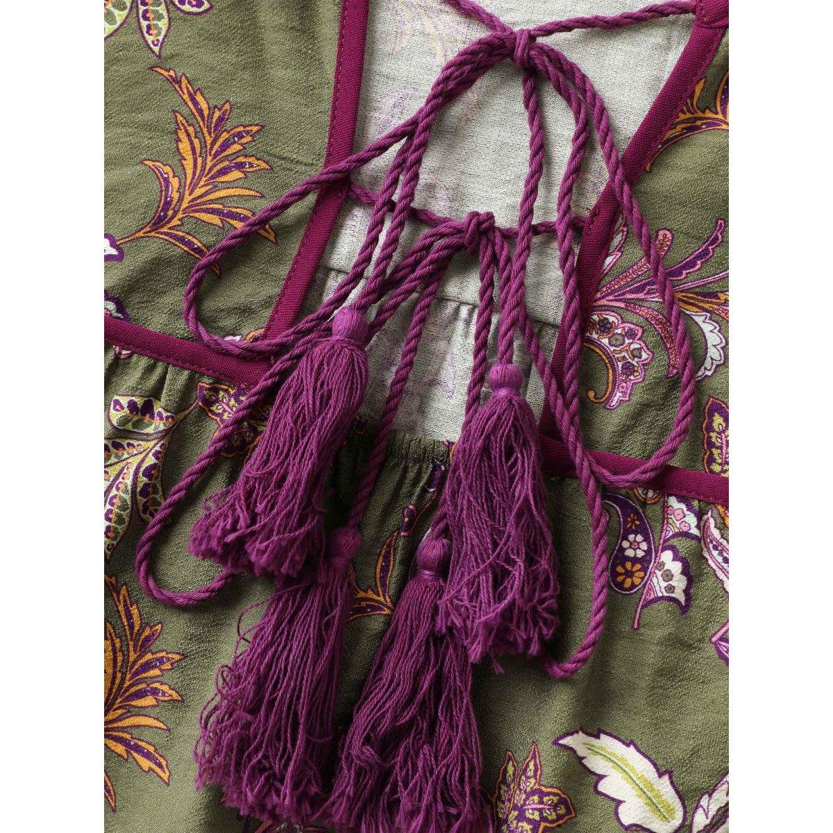 Plus Size Moss Paisley Print Color Contrast Flowy Blouse Women Boho Cap Sleeve Asymmetrical Neck Vacation Blouses BloomChic 10/M Product Image