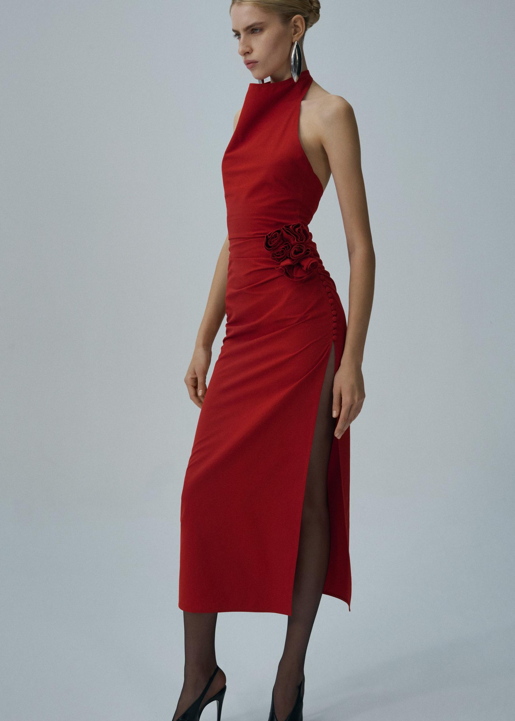 High neck floral applique midi dress in red Product Image