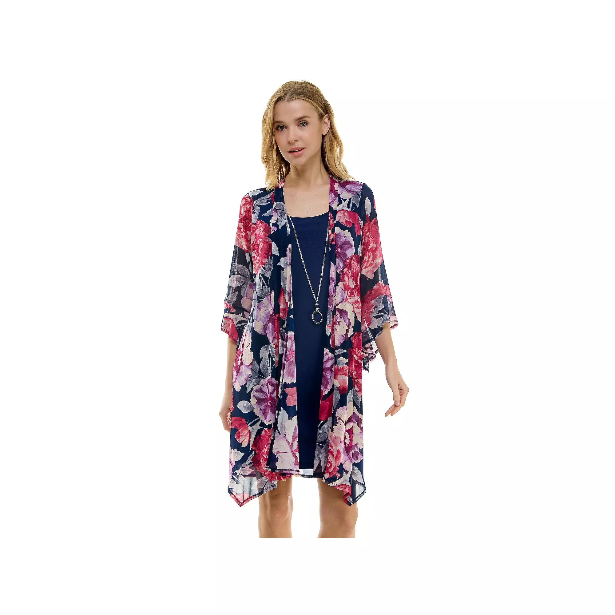 Women's Luxology 2-Piece 3/4 Bell Sleeve Cardigan & Dress Set, Size: XL, Navy Purple Gray Product Image