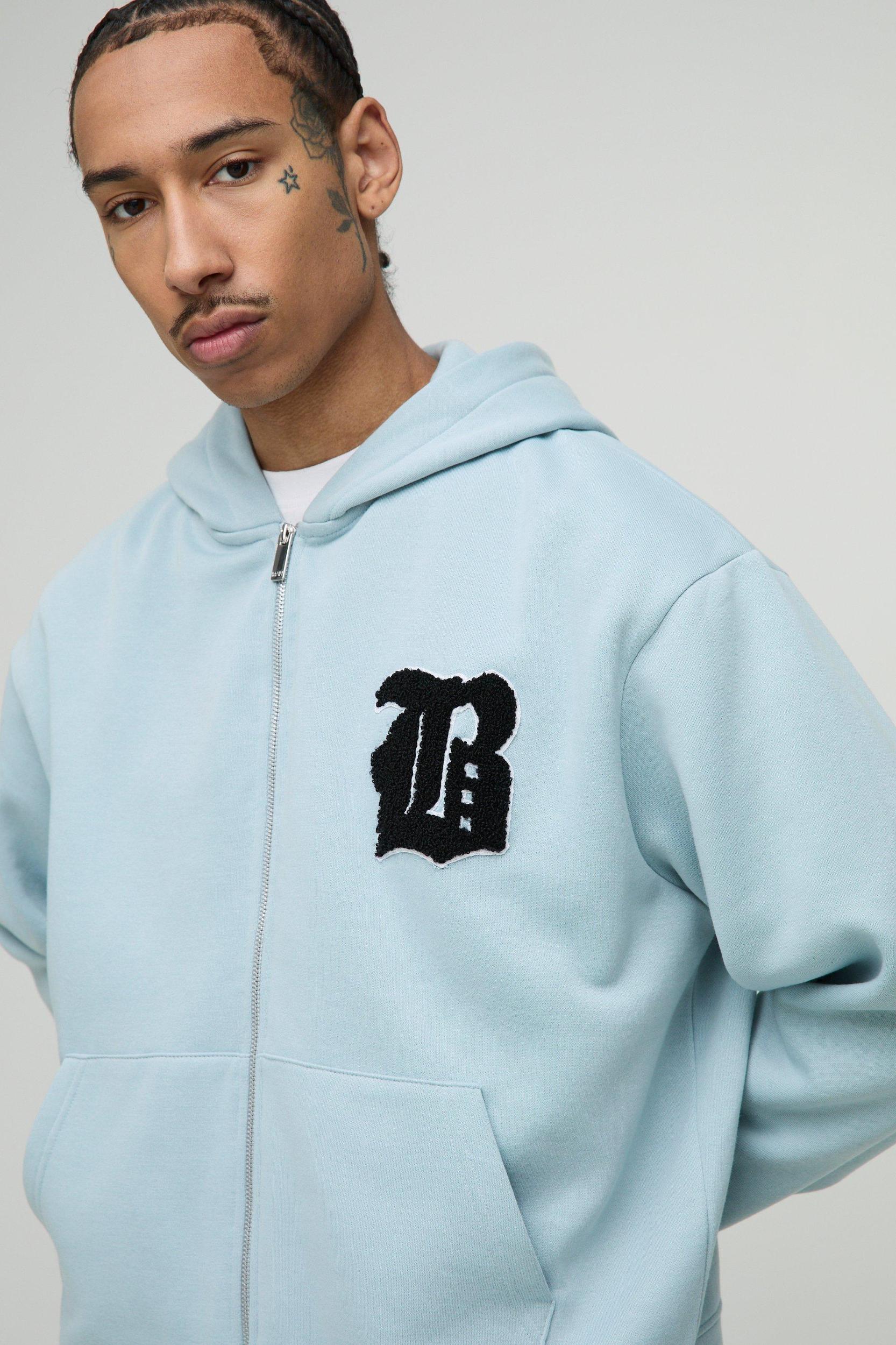 Boxy Fit B Applique Zip Through Hoodie | boohooMAN USA Product Image