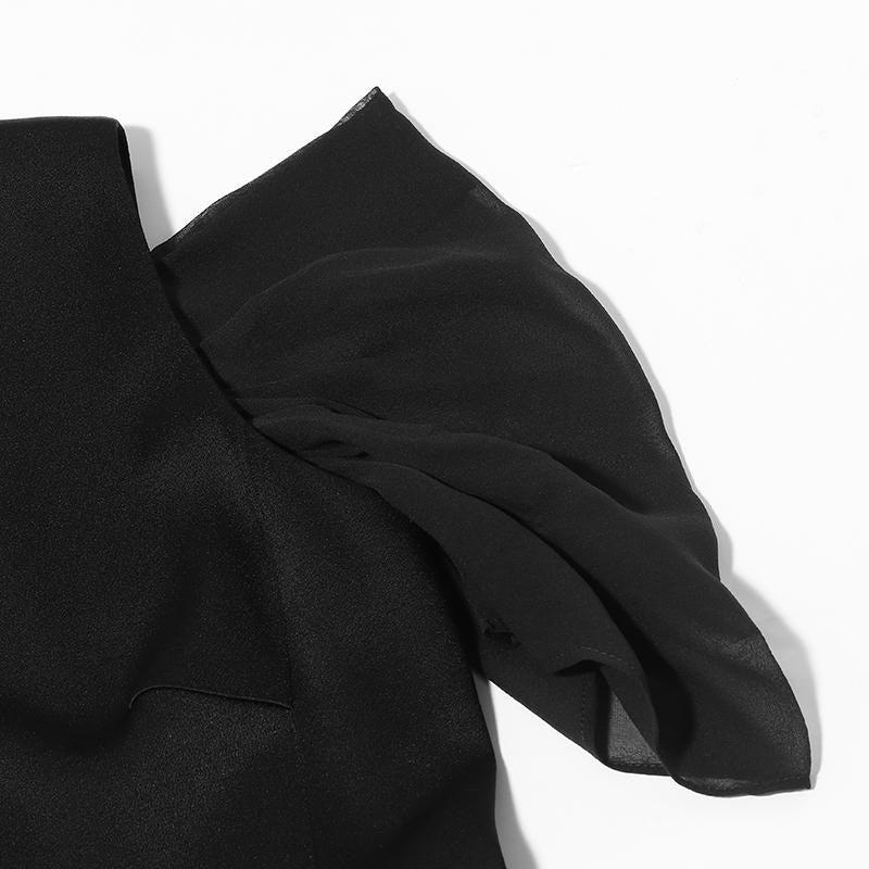 Black Triacetate Gathered Waist V-Neck Midi Dress Product Image