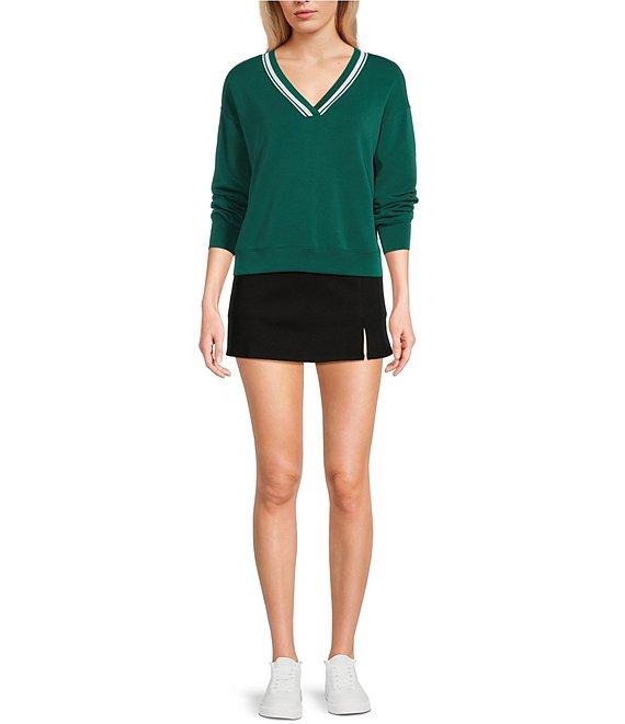 Copper Key V-Neck Varsity Inspired Contrast Trim Long Sleeve Top Product Image