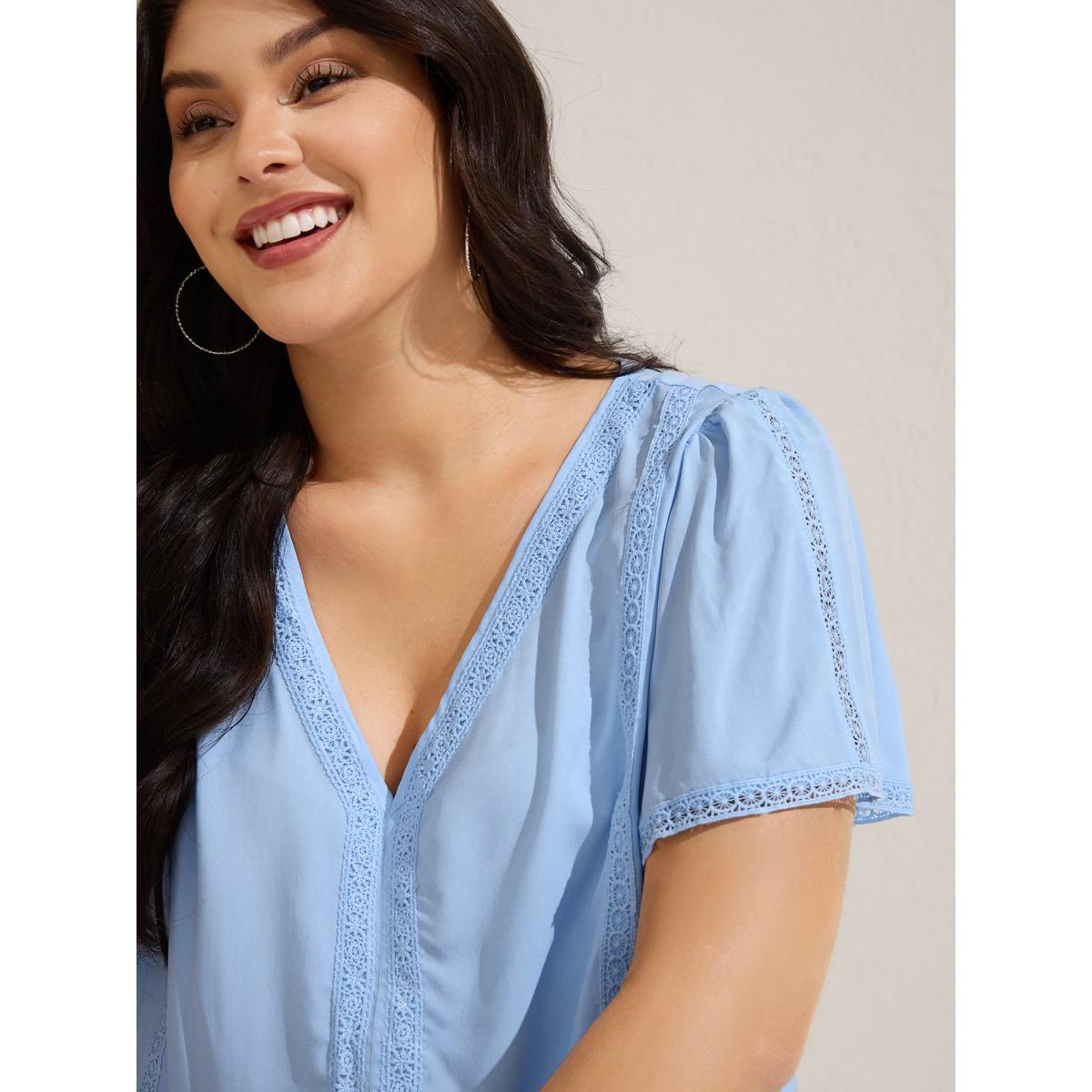 Plus Size LightBlue Rayon Lace Trim Spliced Blouse Women Short sleeve V-neck Vacation Blouses BloomChic 12/L Product Image