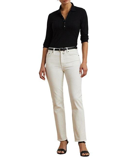 Lauren Ralph Lauren Rib-Knit Polo Collar 3/4 Sleeve Shirt Product Image