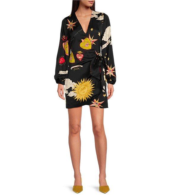 Never Fully Dressed Vienna Satin Mystical Motif Print V-Neck Long Sleeve Wrap Tie Mini Dress Product Image
