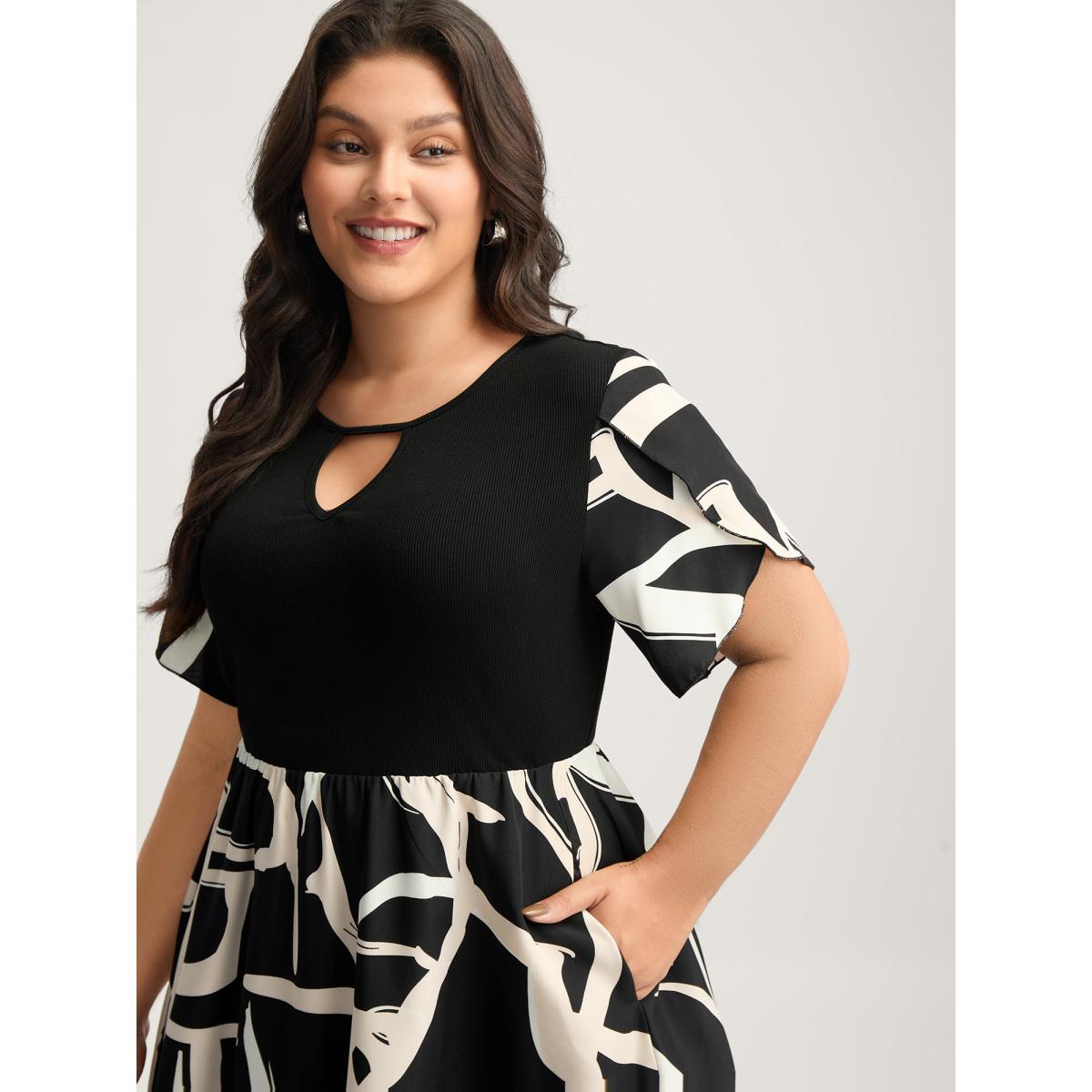 Plus Size Geometric Print Color Contrast Stretchy Midi Dress BlackFlower Women Petal edge Round Neck Short sleeve Curvy BloomChic 26/4X Product Image