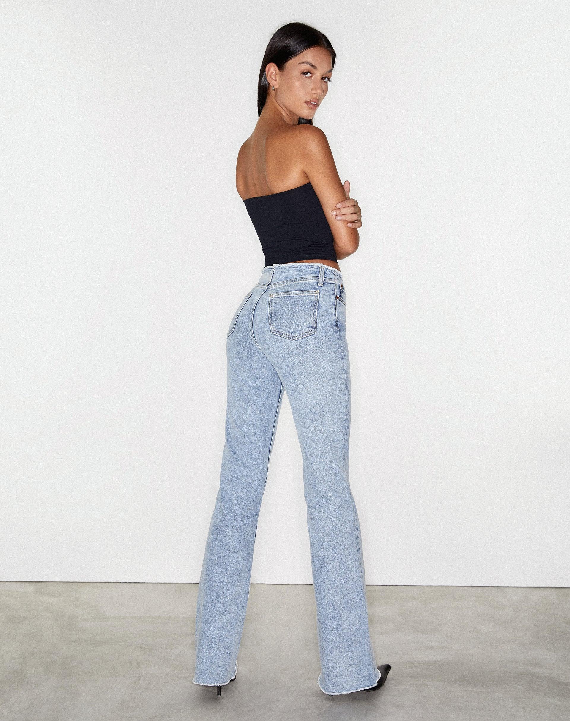 Frayed Low Rise Jeans in Light Wash Blue Product Image