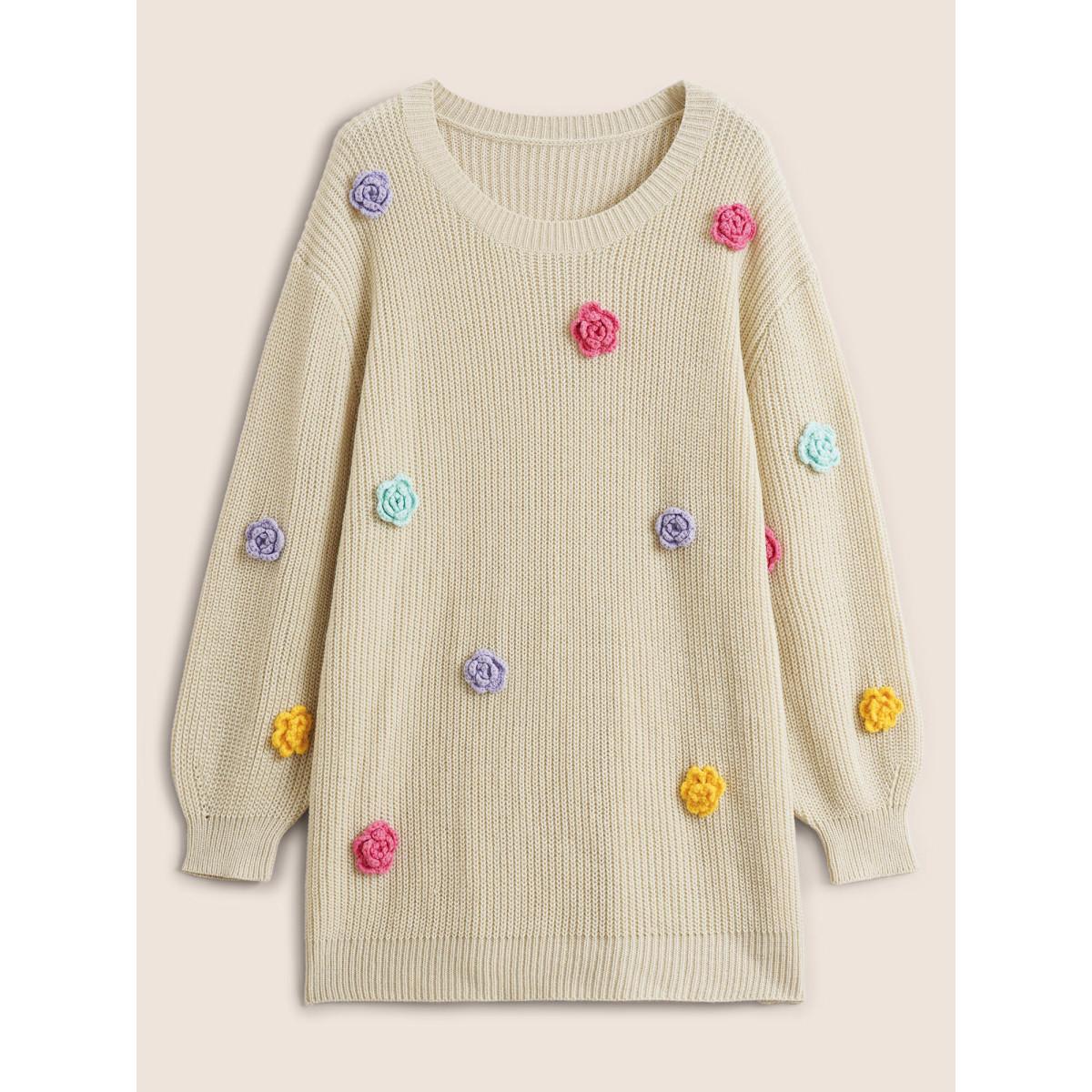 Plus Size Stereo Flower Design Split Hem Pullover Apricot Women Casual Long Sleeve Round Neck Everyday Pullovers BloomChic 14-16/1X Product Image