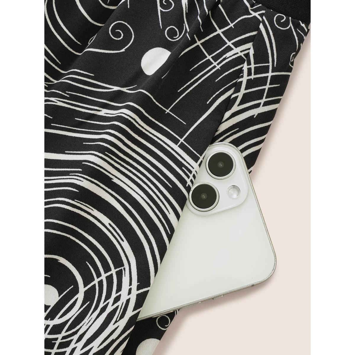 Plus Size Figurative Print Patchwork Pleated Square Neck Dress Black Women At the Office Gathered Square Neck Short sleeve Curvy Midi Dress BloomChic 14-16/1X Product Image