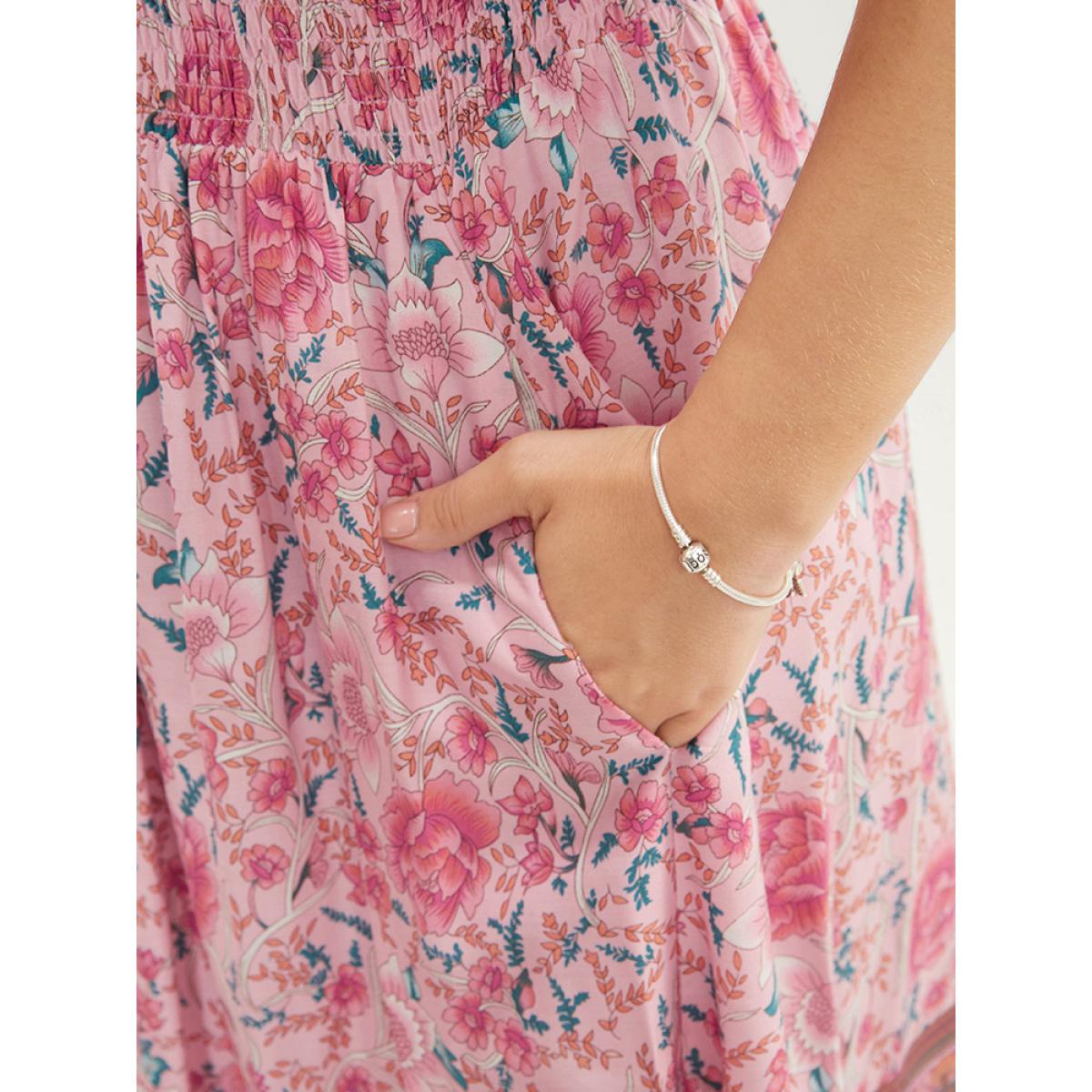 Plus Size Bandana Print Square Neck Pocket Ruffles Shirred Dress Pink Women Vacation Pocket Square Neck Short sleeve Curvy Knee Dress BloomChic 28/5X Product Image