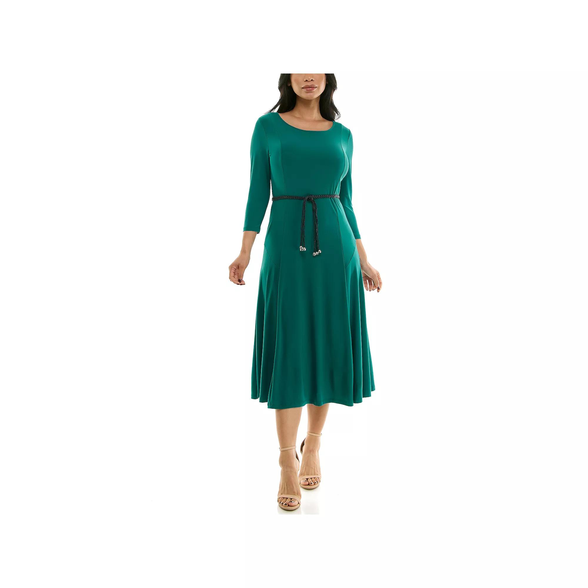 Women's Nina Leonard Sylvia Three-Quarter Sleeve Belted Midi Dress,  Product Image