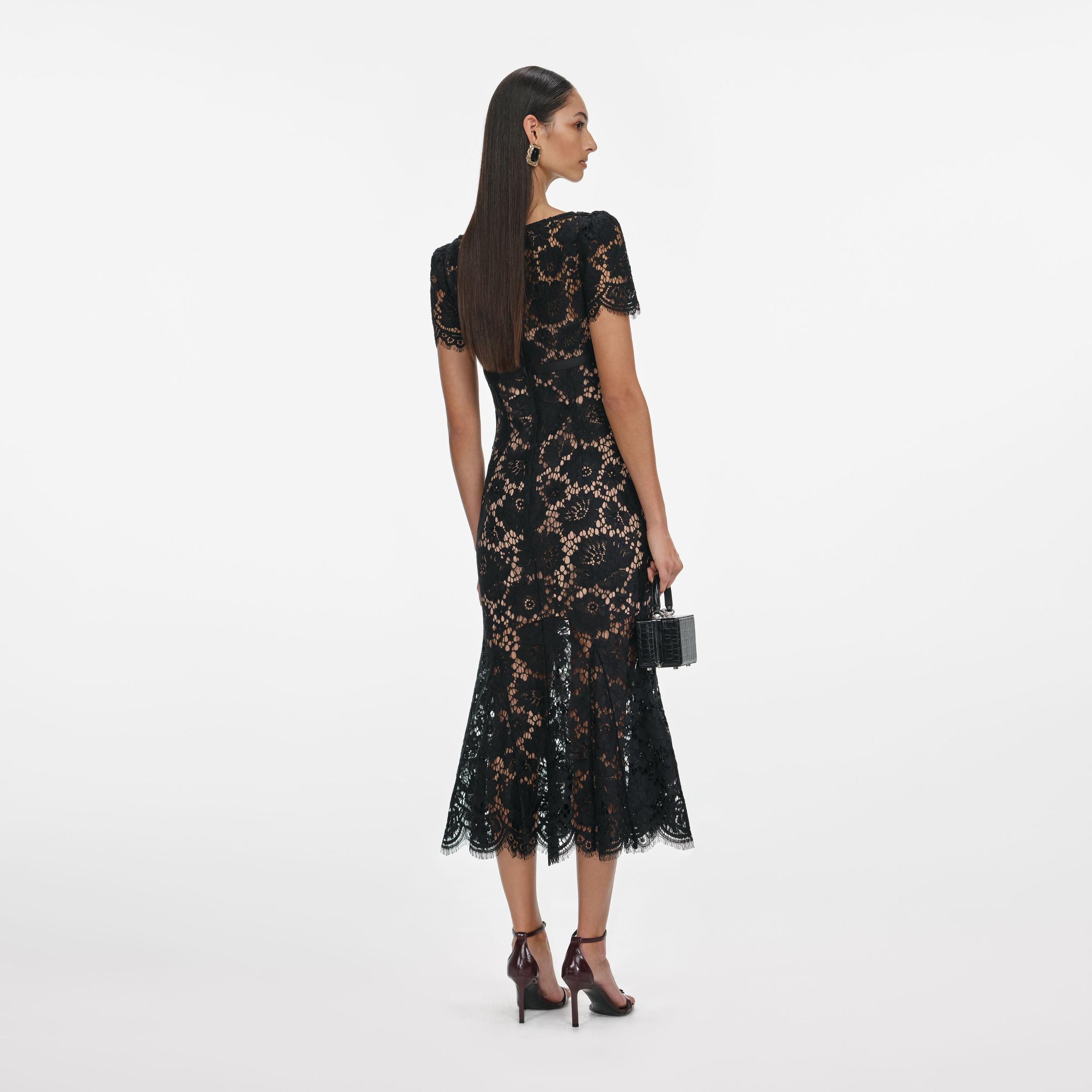 Black Floral Lace Midi Dress Product Image
