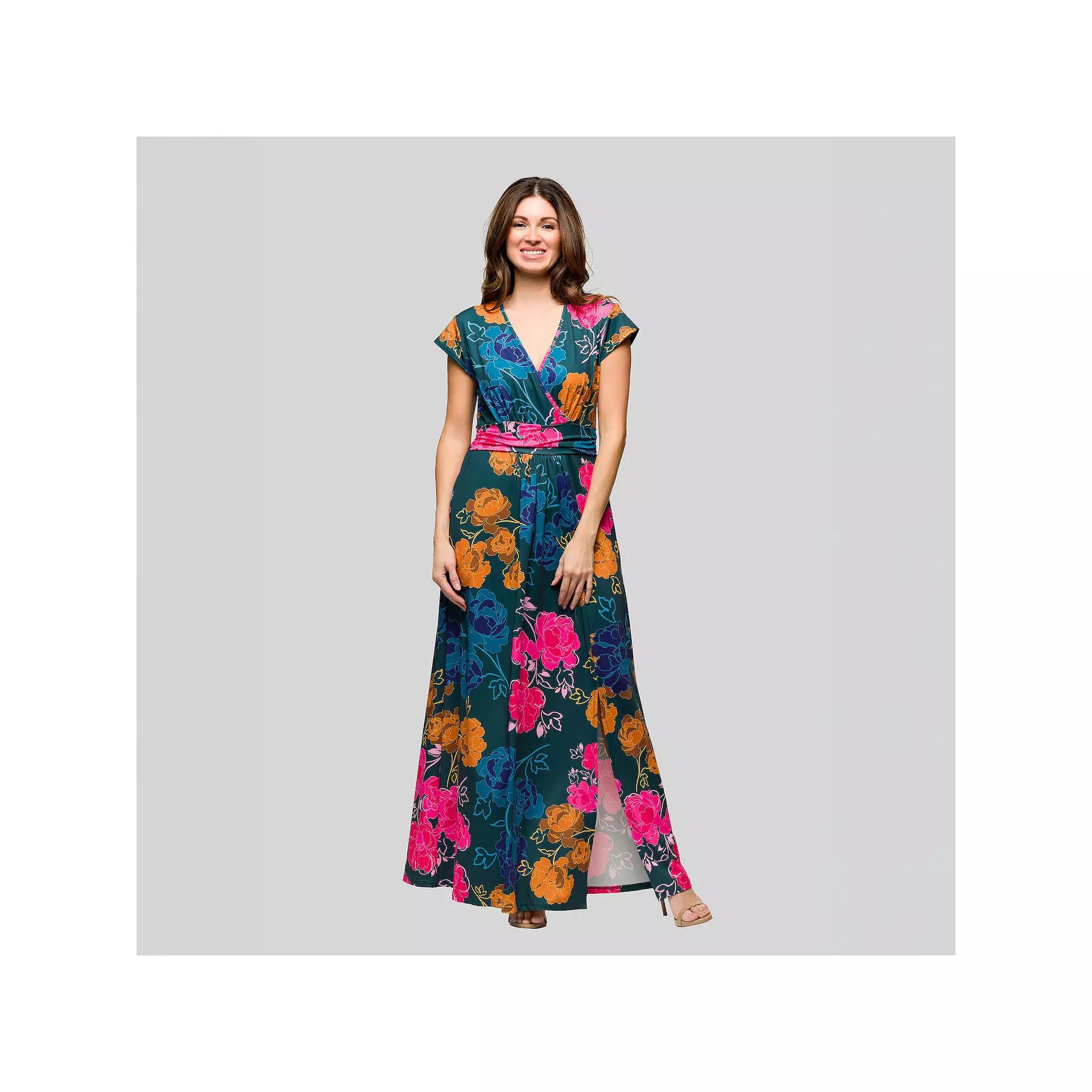 Women's 24Seven Comfort Apparel Floral Print V-Neck Cap Sleeve Side Slit Maxi Dress, Size: Small, Green Team Product Image