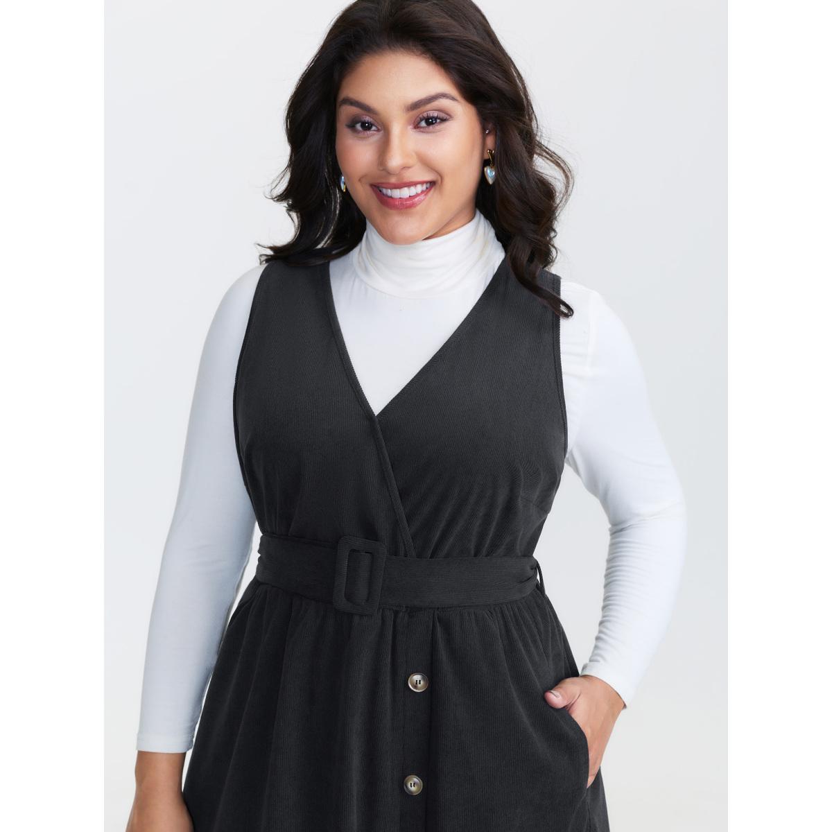 Plus Size Corduroy Sleeveless Belted Side Midi Dress Black Women Leisure Overlapping Overlap Collar Sleeveless Curvy BloomChic 18-20/2X Product Image