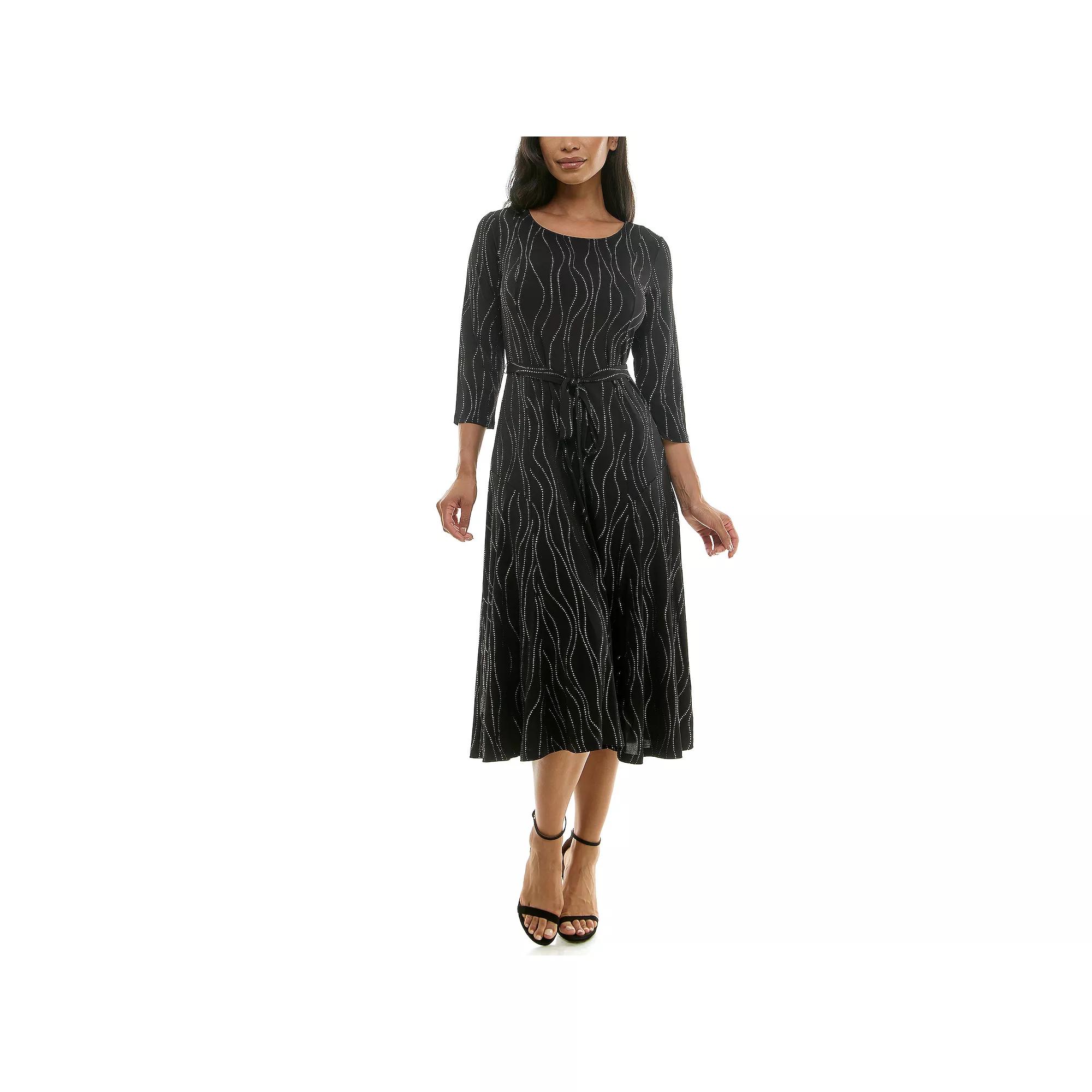 Womens Nina Leonard Sylvia Long Sleeve Tie Waist Midi Dress Product Image