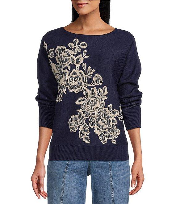 Nurture by Westbound Petite Size Floral Pattern Crew Neck Pullover Sweater Product Image