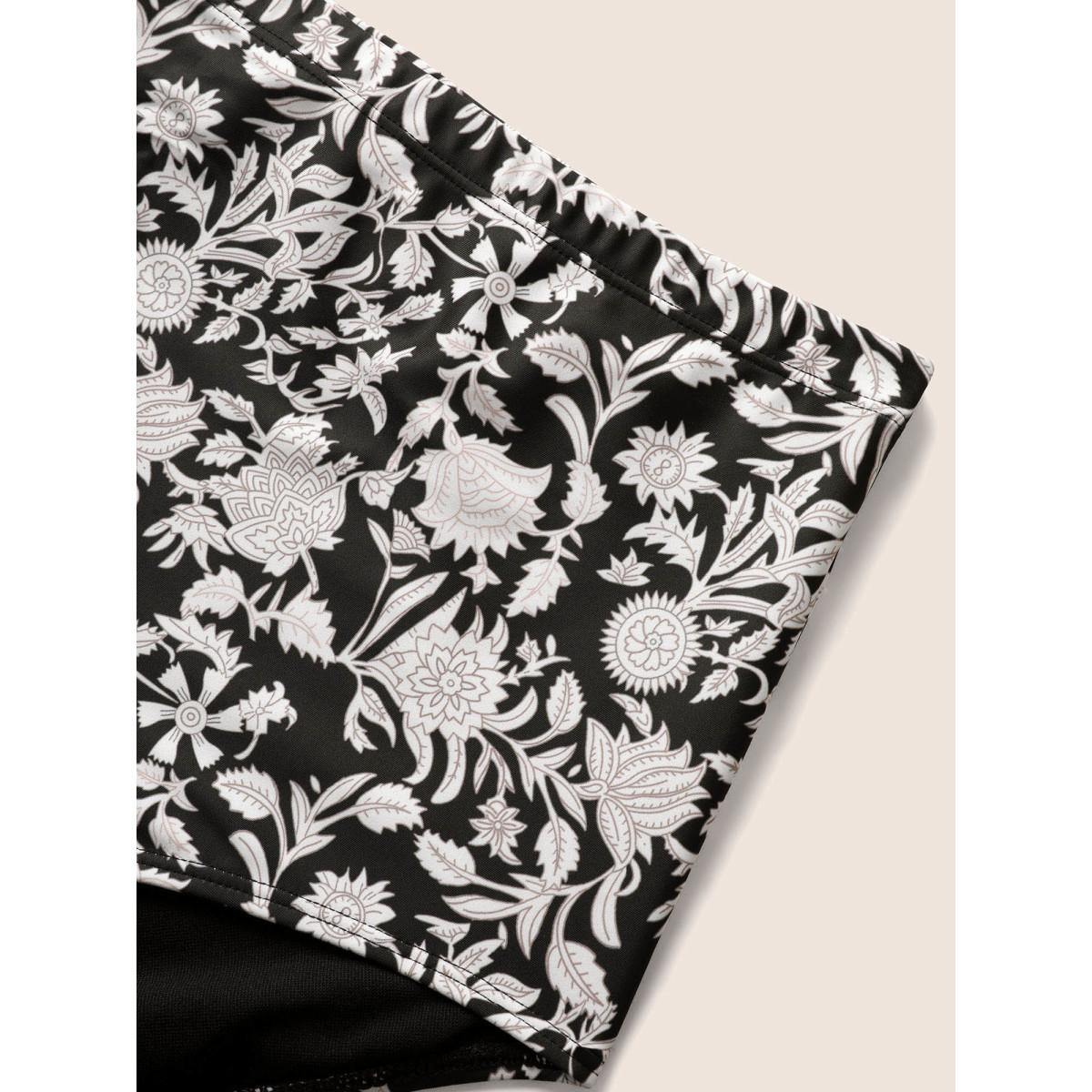 Plus Size Natural Flowers Tie Knot Drawstring Swim Dress Women's Swimwear Black Beach Bodycon U-neck High stretch Curve Swim Dresses BloomChic 26/4X Product Image