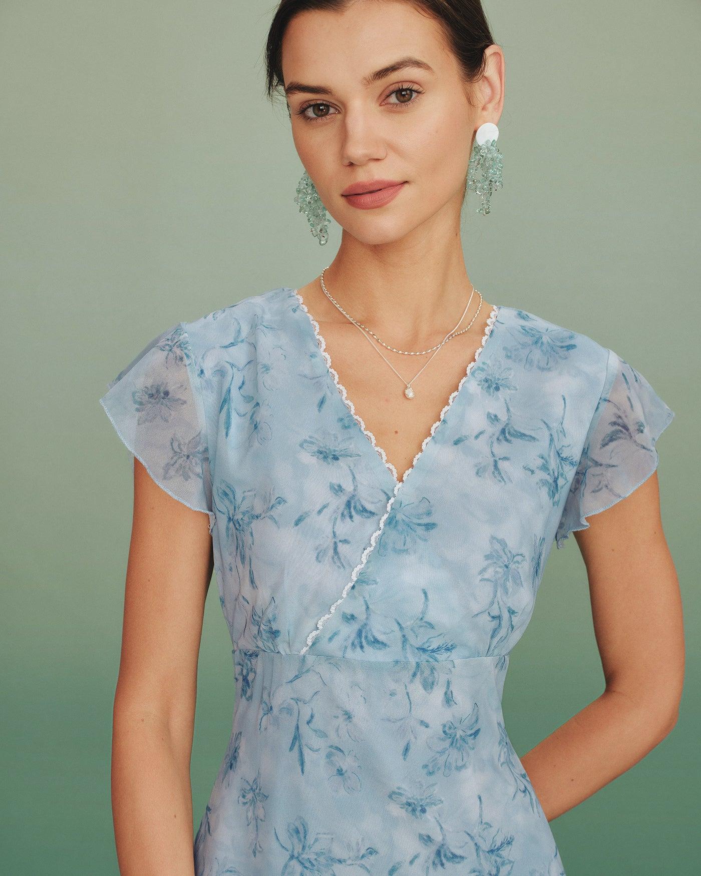 Blue V Neck Lace Floral Maxi Dress Product Image