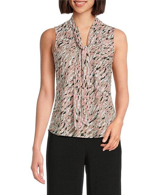 Kasper Petite Size Printed Tie Neck Sleeveless Blouse Product Image