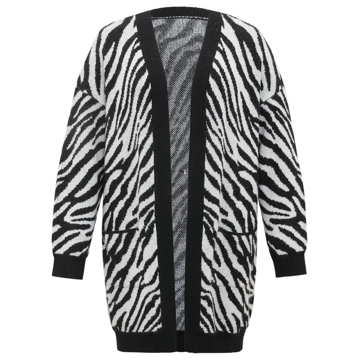 Plus Size Supersoft Essentials Zebra Print Patched Pocket Cardigan Black Women Casual Loose Long Sleeve Dailywear Cardigans BloomChic 28/5X Product Image