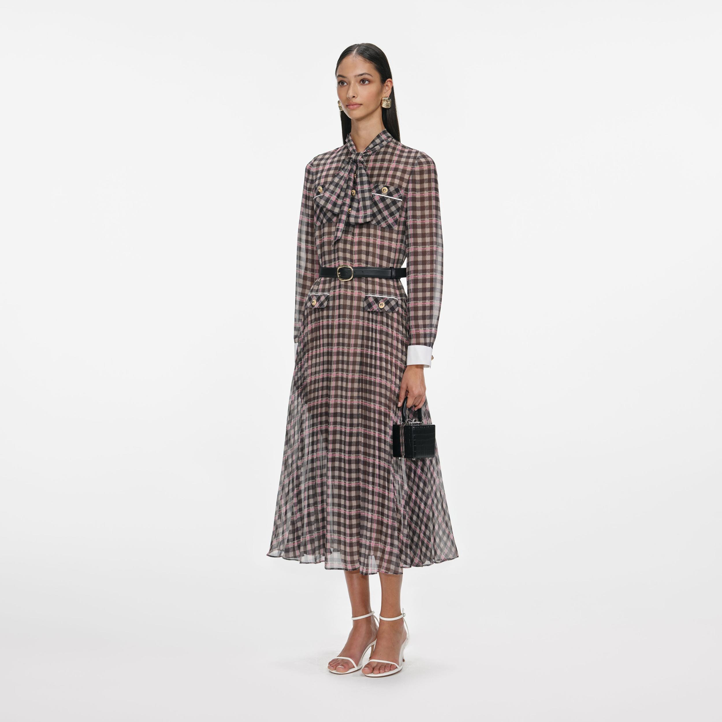 Brown Check Chiffon Midi Dress Product Image