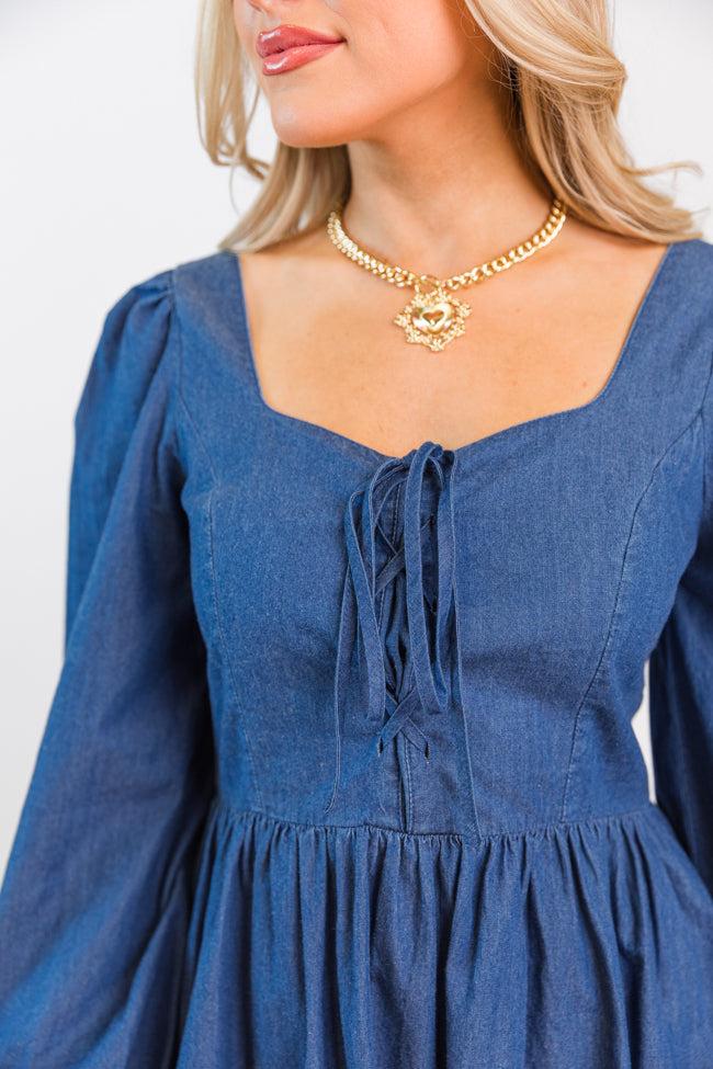 Up To Me Medium Wash Lace Up Detail Chambray Dress FINAL SALE Product Image